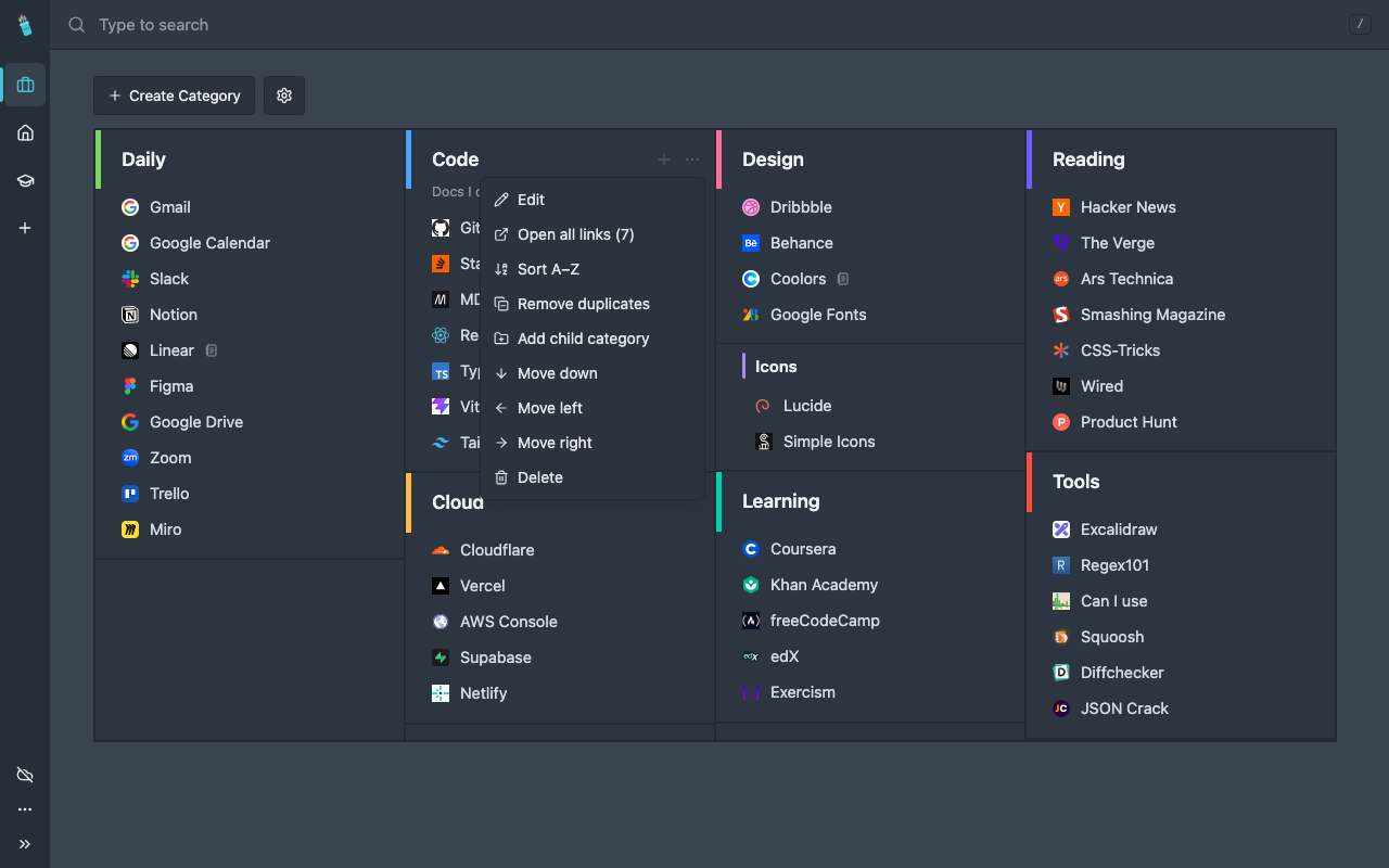 The Quiver category menu with sort, open all and remove duplicates