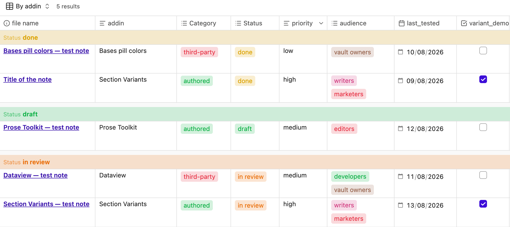 Bases Visuals adding pill colors and conditional row formatting to an Obsidian Base table